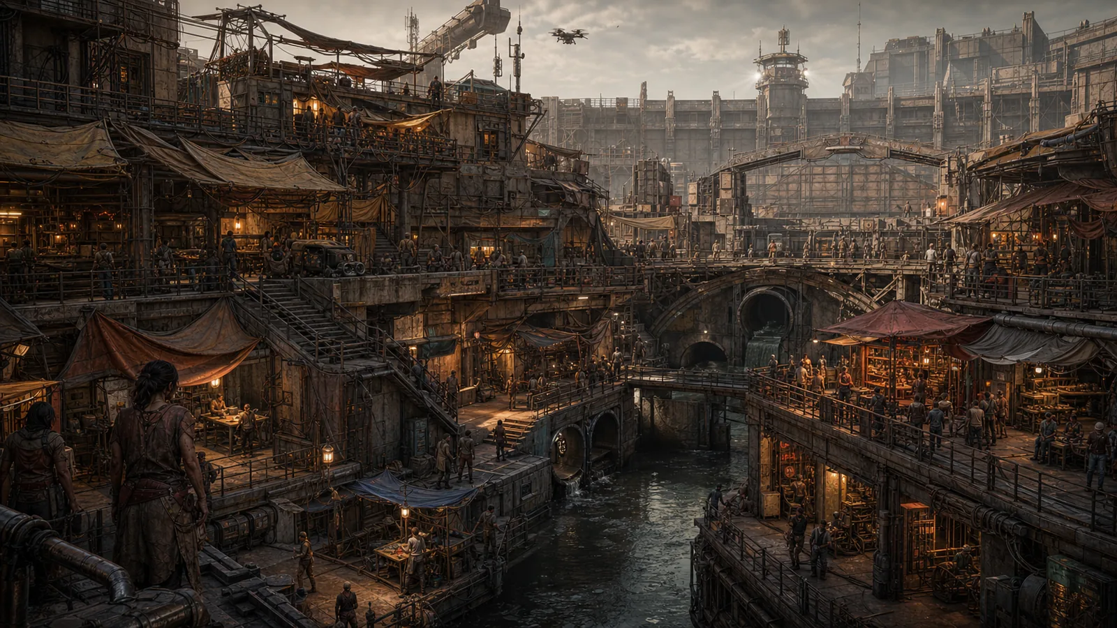 Concept art of Ash Market along the Flood Spine, with market stalls, concrete channels, bridges, and rooftop routes.