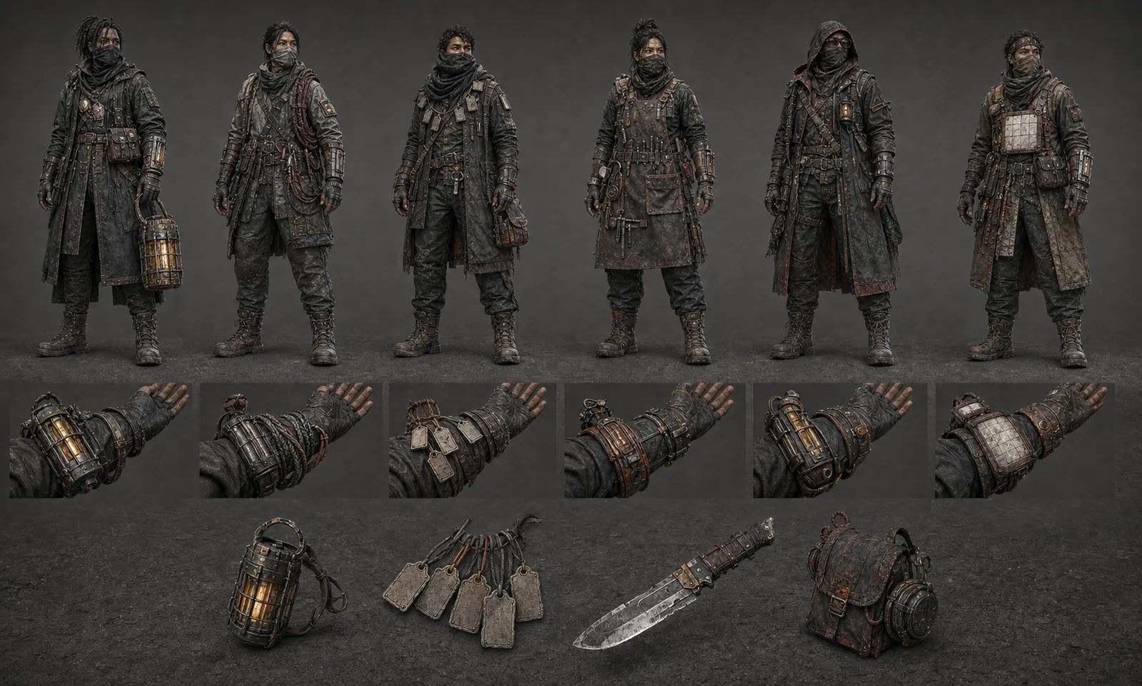Seasonal cosmetic concept study for resistance outfits and first-person wrist equipment.