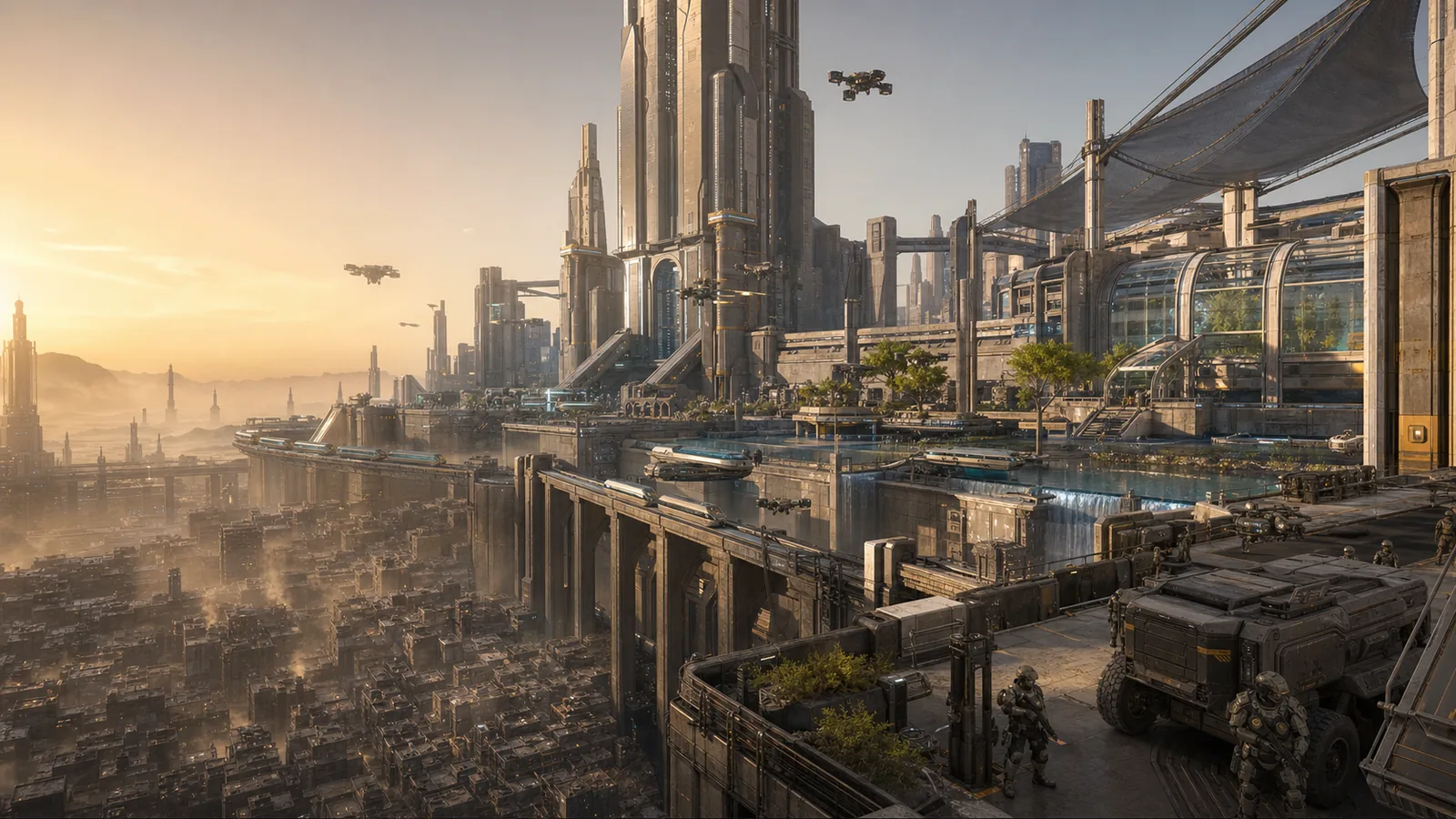 Concept art of Meridian Crown rising above the lower city.