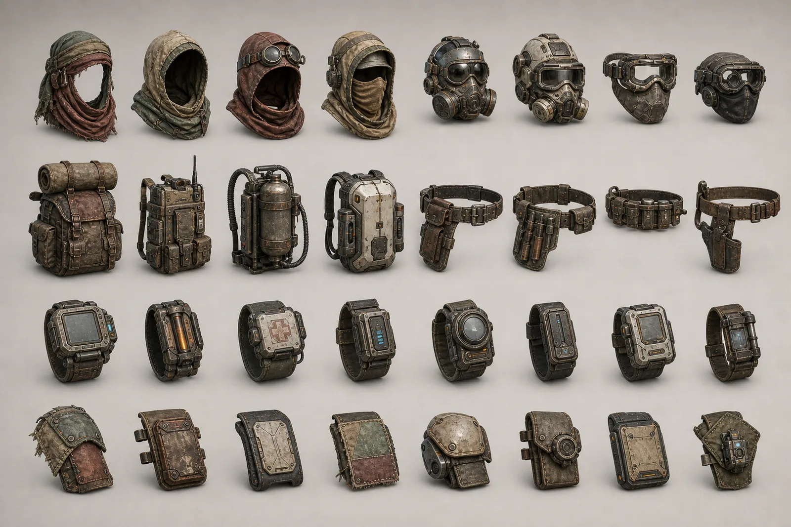 Wearable equipment add-ons, masks, backpacks, wrist devices, and pouches.