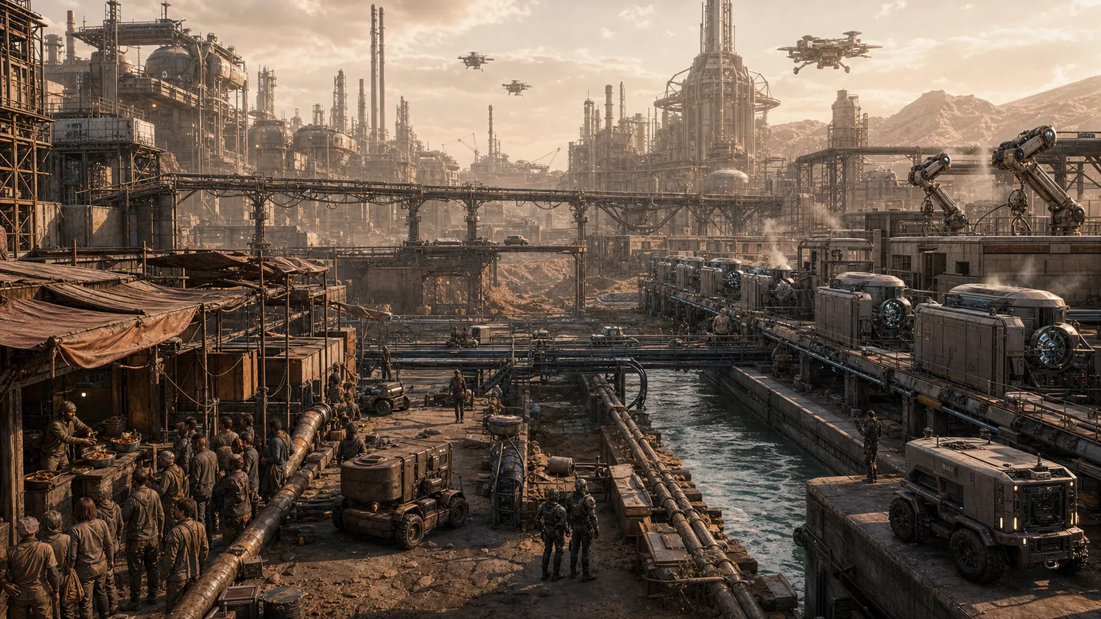 Concept art of the Industrial Basin’s refineries, freight routes, pipes, and stacked traversal.