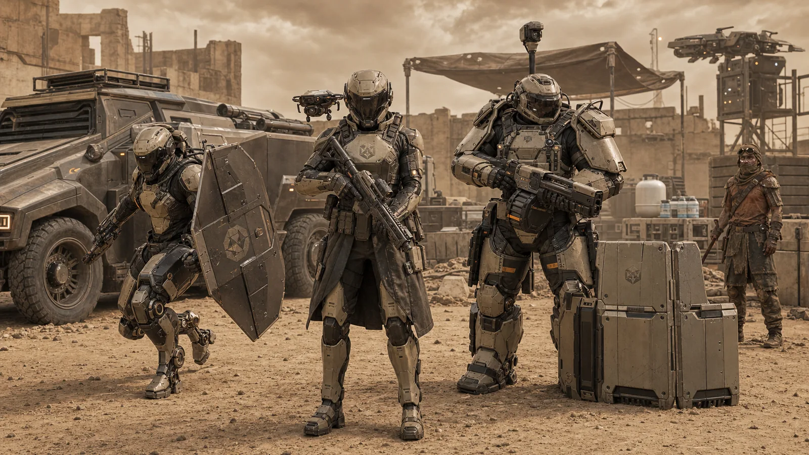 Character concept lineup for armored Meridian Combine security forces.