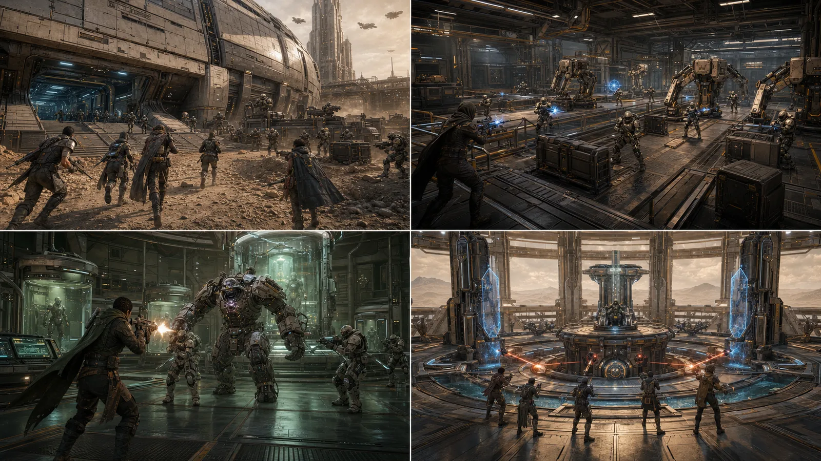 Storyboard-style concept frames for a coordinated multi-stage raid encounter.
