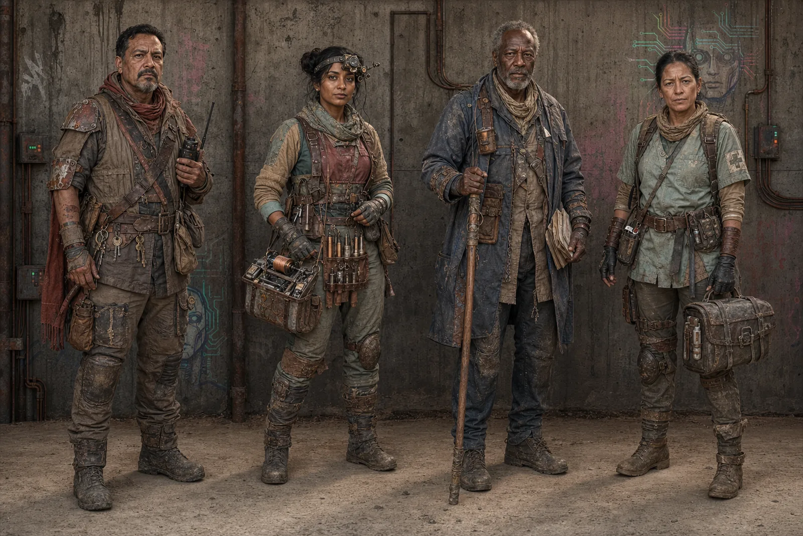 Character concept lineup for residents, organizers, and traders in the Slums.