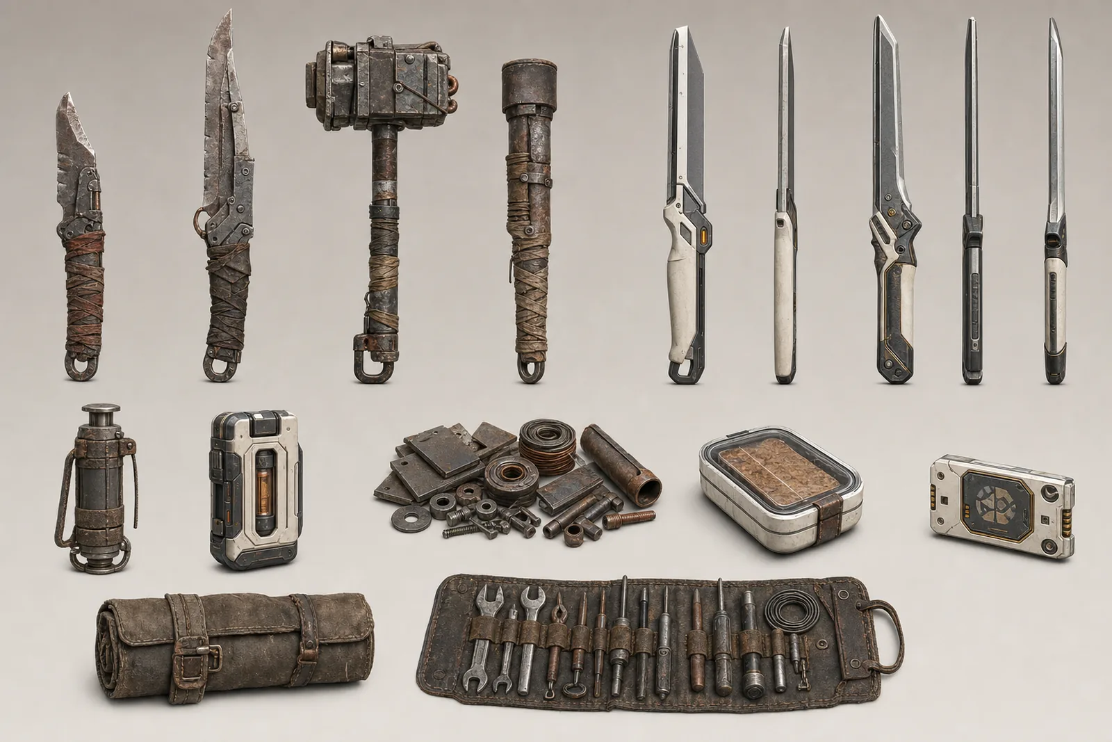 First-person concept study of improvised weapons and combat equipment in the Slums.