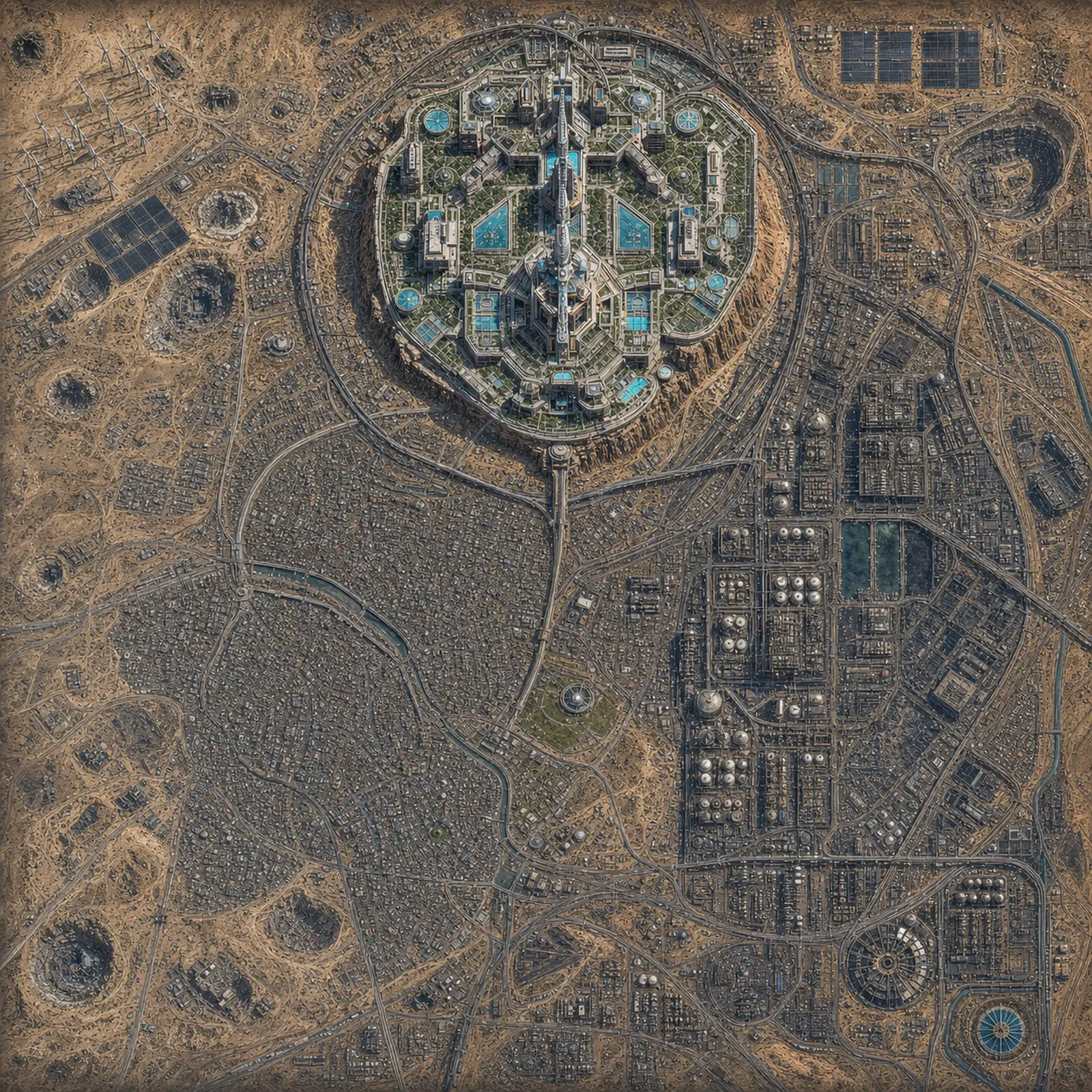 Illustrated concept map of Meridian Crown, the Slums, Industrial Basin, and surrounding Wasteland.